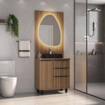 Conjunto para Banheiro Cecília 80 com Pés Painel Ripado Espelho LED Cuba Preta - Fabribam