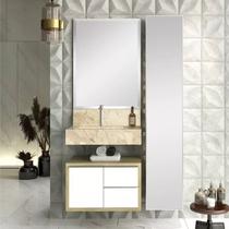 Conjunto para Banheiro com Espelho, Gabinete, Bancada em Porcelanato com Cuba Esculpida 60cm Bumi