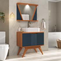 Conjunto para Banheiro Completo com Gabinete Madeira Maciça Cuba Sobrepor e Espelho com Led - Linha