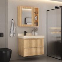 Conjunto Para Banheiro Lavatório Em Porcelanato Com Cuba Esculpida, Gabinete e Espelheira Ripy 80cm Wood/Travertino