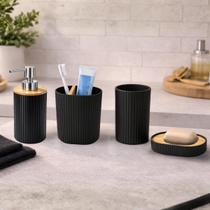 Conjunto para Banheiro Preto 4 Peças com Tampa Bambu - Preto
