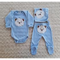 Conjunto para Bebê 3 Peças Body Manga Longa + Mijão Ursinho + Naninha Paninho de Boca