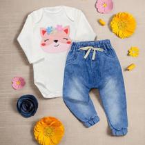 Conjunto Para Bebê Body Bordado E Calça Jeans - Raposa Creme