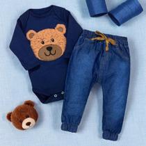 Conjunto Para Bebê Body E Calça Jeans Bordado Urso Marinho