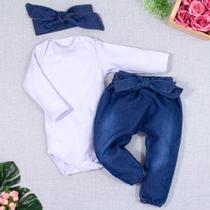 Conjunto Para Bebê Body E Calça Jeans Com Faixinha Branco