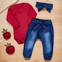 Conjunto Para Bebê Body E Calça Jeans Com Faixinha Vermelho Conjunto Para Bebê Body E Calça Jeans Com Faixinha Vermelho