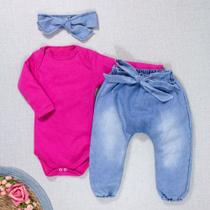 Conjunto Para Bebê Body Longo E Calça Jeans Com Faixinha Pink