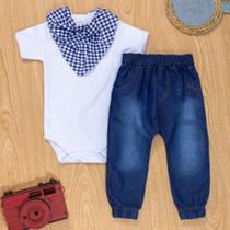 Conjunto para Bebê Charmoso Body, Calça, Bandana Xadrez Azul