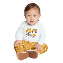 Conjunto para Bebê Masculino com Body Cotton e Calça Moletom Pelúciado Animais Kyly