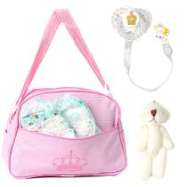 Conjunto para Bebê Reborn com 02 Fraldas e Chupeta com Bolsa Maternidade Rosa