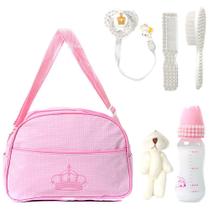Conjunto para Bebê Reborn com Pentinho, Escova e Bolsa Maternidade Rosa com Chupeta Conjunto para Bebê Reborn com Pentinho, Escova e Bolsa Maternidade Rosa com Chupeta