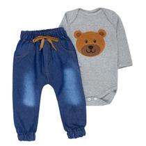 Conjunto para Bebê Urso Body Bordado Mescla e Calça Jeans