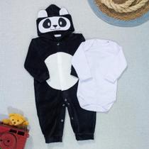 Conjunto para Bebês em Suedine e Plush Bordado Panda - Preto