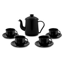 Conjunto para café Bule 1L Xícaras 120ml Esmaltado Preto Ewel