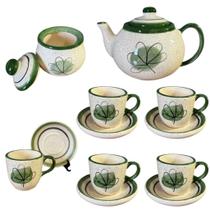 Conjunto Para Café com Bule Açucareiro e 5 Xícaras Com Pires Em Cerâmica