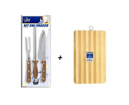 Conjunto para churrasco 4pçs garfo faca chaira e tábua de carne em bambu