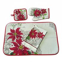 Conjunto Para Cozinha 4 Peças Natal Pegador Pano de Prato Tapete e Luva Saldão