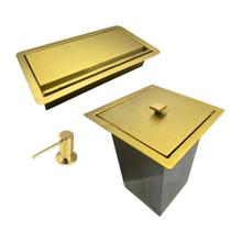 Conjunto para Embutir Dourado Lixeira Porta Esponja Dispenser Sabonete 3 pçs Fineza