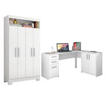 Conjunto Para Escritório 2 Peças com Escrivaninha em L e Armário Multiuso 4 portas Notável Móveis Conjunto Para Escritório 2 Peças com Escrivaninha em L e Armário Multiuso 4 portas Notável Móveis
