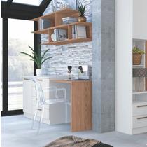 Conjunto para Escritório com Mesa Complementar, Módulo e Cômoda 4 Gavetas 2 Nichos Macadâmia E Branco Line