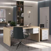 Conjunto para Escritório Executivo 3 Peças Mesa Tamburato com Módulo Suspenso e Gaveteiro 1585cm Carvalho E Branco