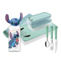 Conjunto Para Lancheira Infantil Stitch Disney 8 Peças Estojo, Potes, Talheres e Garrafa 3D