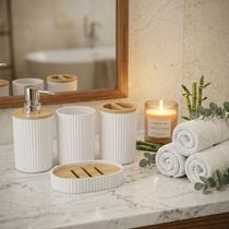 Conjunto Para Lavabo Bambu 4 Pecas Organizador De Pia Saboneteira Porta Escovas E Copo Conjunto Para Lavabo Bambu 4 Pecas Organizador De Pia Saboneteira Porta Escovas E Copo