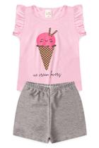 Conjunto para meninas verão estampa com glitter sorvete rosa claro Conjunto para meninas verão estampa com glitter sorvete rosa claro