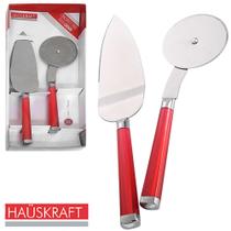 Conjunto Para Pizza Com Espatula + Cortador De Inox Cabo Acrilico Vermelho Carmin Hauskraft