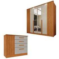 Conjunto para Quarto 1 Guarda Roupa 6 Portas com Espelho 1 Cômoda Ripado Nova York Espresso Móveis Bege/Cinamomo/Off White Conjunto para Quarto 1 Guarda Roupa 6 Portas com Espelho 1 Cômoda Ripado Nova York Espresso Móveis Bege/Cinamomo/Off White