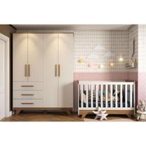 Conjunto para Quarto de Bebê com Guarda Roupa 4 Portas 3 Gavetas e Berço Retrô Móveis Peroba Branco Brilho/Carvalho