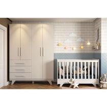 Conjunto para Quarto de Bebê com Guarda Roupa 4 Portas 3 Gavetas e Berço Retrô Móveis Peroba Branco Brilho