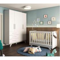 Conjunto para Quarto de Bebê com Guarda Roupa 4 Portas e Berço Retrô Móveis Peroba Branco Brilho/Cinza