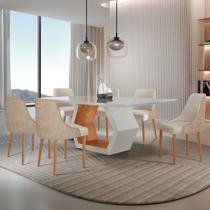 Conjunto para Sala de Jantar Mesa Sarah em Madeira Tampo 180cm com Vidro e 6 Cadeiras Roma Off White/Milano/Cinamomo Imbuia