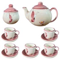 Conjunto Para Servir Café Com Bule Açucareiro e 5 Xícaras com 5 Pires