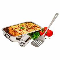 Conjunto Para Servir Lasanha Inox 3 Peças Assadeira Escumadeira Porta Queijo Ralado Cozinha