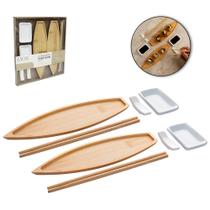 Conjunto para Sushi com 2 Pratos, Molheiras e 2 Suportes de Porcelana + Par de Hashi/Palitos e 2 Bandejas de Bambu Nagas Conjunto para Sushi com 2 Pratos, Molheiras e 2 Suportes de Porcelana + Par de Hashi/Palitos e 2 Bandejas de Bambu Nagas