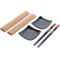 Conjunto para sushi de bambu e cerâmica preto 06 peças - LYOR