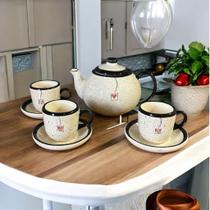 Conjunto Para Tomar Café Presente Decoração 1 Bule Com 3 Xícaras e 3 Pires