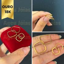 Conjunto Pares Argola Quadrada Ouro 18k 1 e 2 furo Brinco Ouro