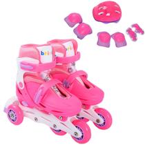 Conjunto Patins Infantil Triline + Kit de Proteção Tamanho 28-31 Rosa Exercícios e Aventura Brink+