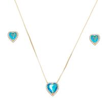 Conjunto Pedra Azul Formato Coração Folheado Ouro 18k JCJ10 Conjunto Pedra Azul Formato Coração Folheado Ouro 18k JCJ10