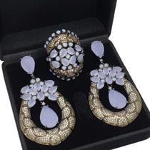 Conjunto Pedra Da Lua Opala E Zirconias Banho Ródio Negro 4473