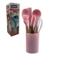 Conjunto Pegador Pincel Utensílios Silicone 8 Peças Talheres Fue Espátula Concha Faca Cozinha Panela
