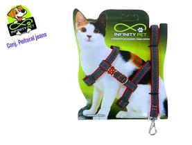 Conjunto Peitoral Jeans Regulável com Guia para Gatos - Segurança e Estilo