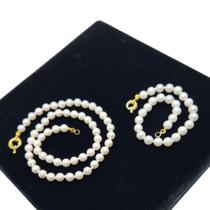 Conjunto Pérola 6mm Colar 40cm + Pulseira Banho De Ouro 4817