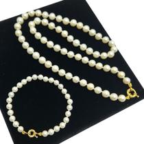 Conjunto Pérola Colar 8mm 60cm Pulseira 6 ou 8mm Banho De Ouro 4820