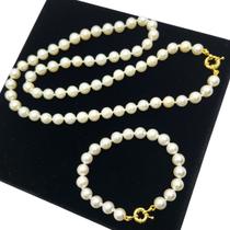 Conjunto Pérola Colar 8mm 60cm Pulseira 6 ou 8mm Banho De Ouro 4820