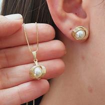 Conjunto Pérola Colar E Brincos Folheado A Ouro