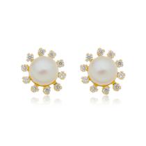 Conjunto Pérola Natural Com Zircônias Em Ouro 18k Singapura